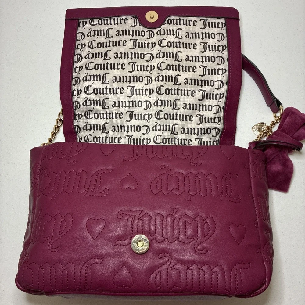 Juicy Couture Lovely Girl Shoulder Bag Purse Plum Berry Quilted Hearts Chunky‎